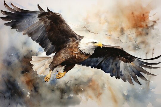 A bald eagle soaring, water color painting.