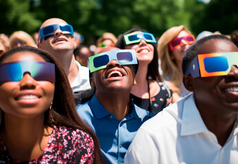  group of people very excited in the park watching solar eclipse through safe solar viewing glasses - obrazy, fototapety, plakaty