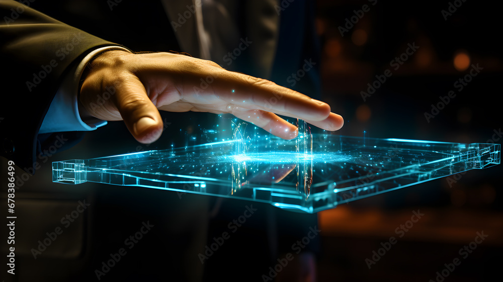 Poster businessman on blurred background using 3d rendering holographic projection of a tablet.