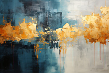 Abstract background in blue and gold color, painting, abstraction, wallpaper. AI