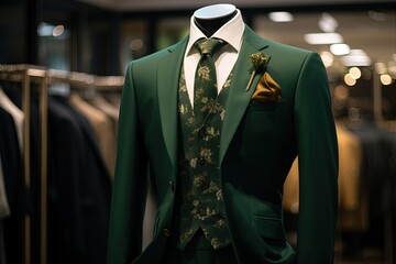 A Classic Suit in green color in a Clothing Store.