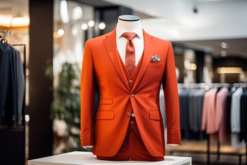 A Classic Suit in orange color in a Clothing Store.