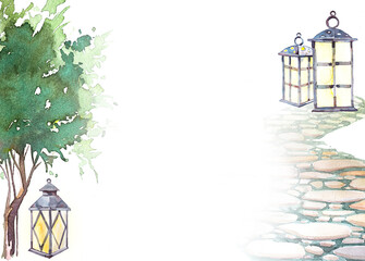 Beautiful watercolor vintage lantern and greenery branches background. Hand drawn lanterns design. Spring concept. Garden theme flora illustration.