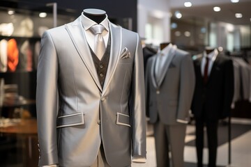 A Classic Suit in silver color in a Clothing Store.
