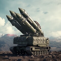 Rocket system in realistic style. Surface-to-air, missiles. Army. Military armored vehicle.