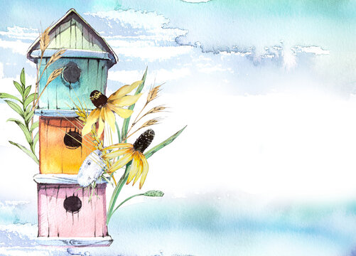 Watercolor hand painted vintage field flowers and birds background illustration. Beautiful spring concept banner.Nature themed ready to use design.Vintage card.Retro bird house covered with flowers.
