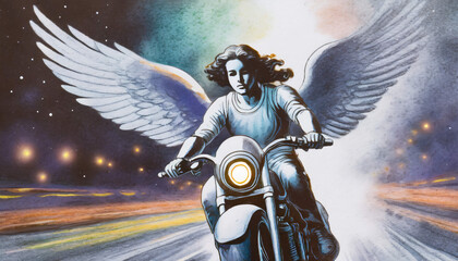 An angel riding a motorcycle - obrazy, fototapety, plakaty