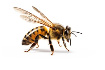 Bee is flying, isolated on white background. - obrazy, fototapety, plakaty