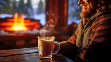 Hot chocolate on a wooden table in a cozy warm atmosphere with a burning fireplace. it's winter outside.