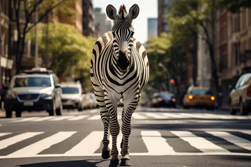 Rolgordijnen Zebra crosses the street on a zebra crossing. © Bargais