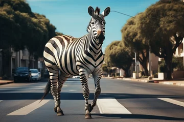 Poster Zebra crosses the street on a zebra crossing. © Bargais