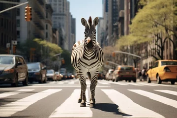 Poster Zebra crosses the street on a zebra crossing. © Bargais