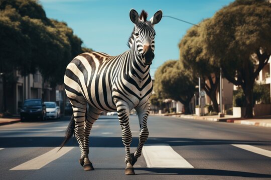 Zebra crosses the street on a zebra crossing.