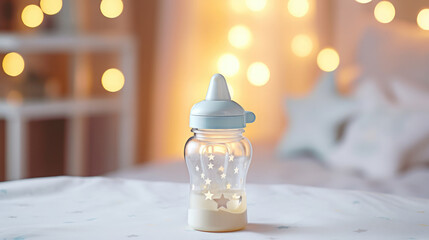 Fototapeta premium baby bottle, pacifier, milk, baby formula, food, children's room on the background, childhood, newborn, feeding, kid, child, home, comfort, health, birth