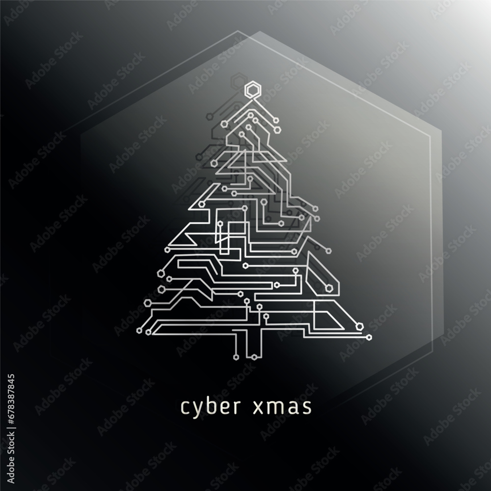 Aufkleber christmas tree with a pattern of microcircuits in a hexagon geometric figure vector illustration.cyb