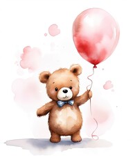 Adorable Brown Bear with Bow Tie Holding a Red Balloon