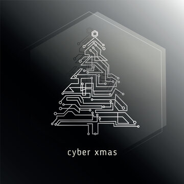 Christmas tree with a pattern of microcircuits in a hexagon geometric figure vector illustration.Cyber Christmas and New Year poster banner template.Modern technology concept.Cyber Xmas