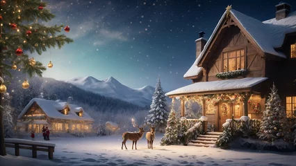 Selbstklebende Fototapeten Christmas deer in the woods , decorated Christmas cabin in a snowy mountain © farzanehappy
