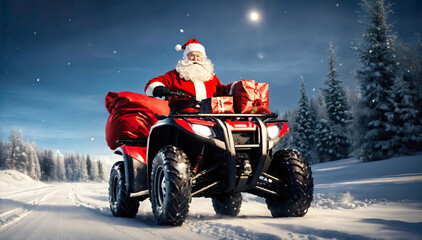 ATV with santa claus, gift boxes in rucksack. Santa Riding An quad bike. Santa Claus on sport racing vehicle wearing red classic costume. Man dressed as Santa Claus riding on nord pole. Generative ai - obrazy, fototapety, plakaty