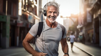 Fototapeta premium Senior white smiling young man doing a morning jog in the city wearing headphones, generative ai