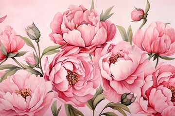 watercolor peony flowers on pink background