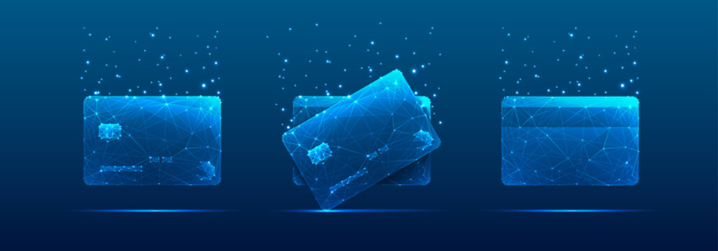 Abstract set of credit bank cards in futuristic hologram blue on a technology background. Digital debit and credit payment cards with glowing light dots. Money concept. Low poly vector illustration.
