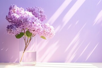 Obraz premium Beautiful violet lilac flower in transparent glass vase standing on white table, sunlight on pastel violet wall.
