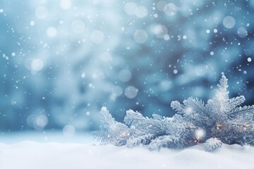Beautiful winter background image of frosted spruce branches and snow with bokeh Christmas lights.