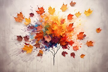 Art work with autumn maple leaves and different colors of paint.