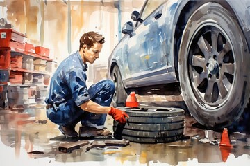 Car mechanics changing tire at auto repair shop garage.	Watercolor painting.