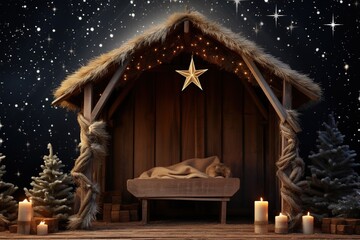 Christmas scene with an empty wooden manger. - obrazy, fototapety, plakaty