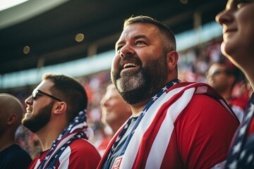 Happy overweight American male football fans with USA clothes in a stadium.