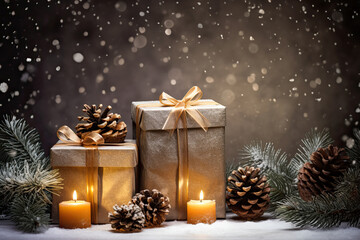 Fototapeta na wymiar Christmas and New Year background. Gift boxes, candles and pine branches with bokeh lights