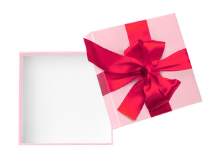 Pink open gift box with red bow and ribbon isolated on white