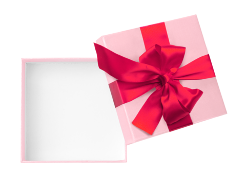 Pink open gift box with red bow and ribbon isolated on white