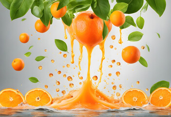 Big fall of orange juice butter and fresh oranges