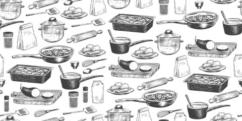 Seamless pattern with kitchen utensils. Cooking pot, saucepan, spice pack, pepper shaker, frying pan, rolling pin, cutting board, spoon isolated on white. Hand drawn illustration. Cookware. Background