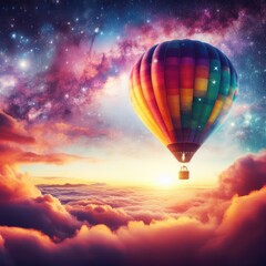 hot air balloon above the clouds at sunset, travel concept, generative ai	
