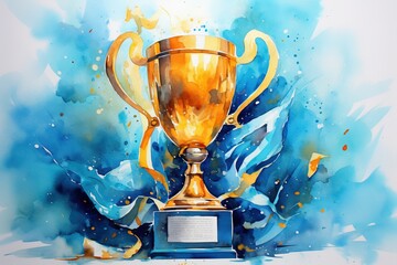 Golden trophy and streamers in sport competition with blue background.	Watercolor painting.