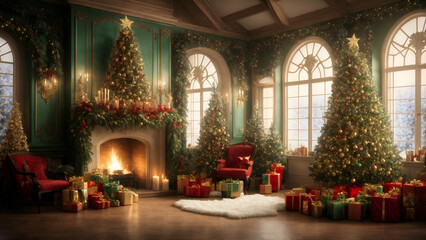 Fototapeta na wymiar Christmas tree beside the fireplace , Christmas decorations at home