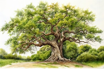 Fototapeta premium Watercolor and pencil drawing of oak tree.