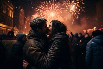 Fototapeta na wymiar Joyous couple celebrating the New Year with champagne, surrounded by a spectacular fireworks display. 'generative AI'