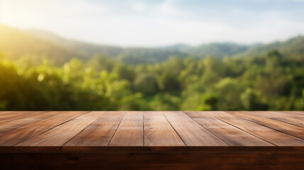 Wood table in mountain landscape, Wooden tabletop with empty copy space in nature backdrop | Generative AI