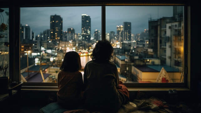 Fototapeta Silhouette of a mother and her daughter sitting by the window of a skyscraper taking in the view of the city in rain at dusk