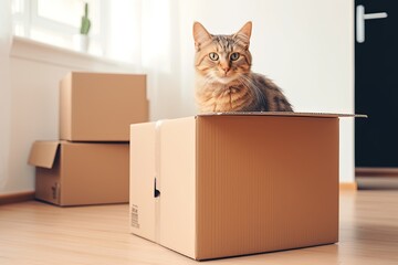 A pile of cardboard boxes and a cat sitting in an empty cardboard box. Moving to a new house.