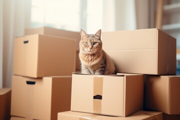 A pile of cardboard boxes and a cat sitting in an empty cardboard box. Moving to a new house.