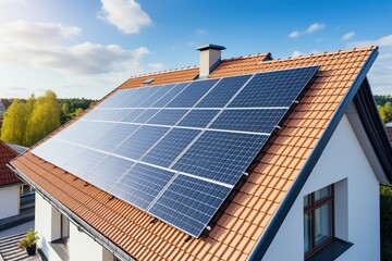 Modern house with solar panels on the roof.