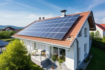 Modern house with solar panels on the roof.