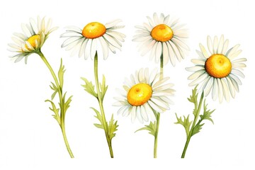 set of chamomile flowers on white background, watercolor illustration