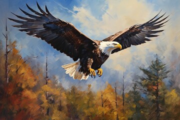 A bald eagle soaring. . Palette knife oil painting.